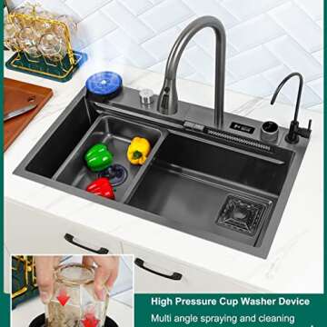 Kitchen Sink, 304 Stainless Steel Nano Raindance Waterfall Sink, with Pull-Out Faucet Single Bowl Big Sinks, 304 Stainless Steel Sink with Drain Strainer and Accessories (Size : 75x46cm)