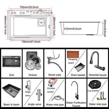 Kitchen Sink, 304 Stainless Steel Nano Raindance Waterfall Sink, with Pull-Out Faucet Single Bowl Big Sinks, 304 Stainless Steel Sink with Drain Strainer and Accessories (Size : 75x46cm)