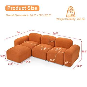 GNIXUU Modular Sectional Sofa - 94.5" Convertible L-Shaped Couch for Living Room