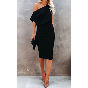 Dressmine Women's Summer Casual Off Shoulder Short Sleeve Bodycon Elegant Cocktail Party Pencil Midi Dress Black Small