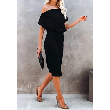Dressmine Women's Summer Casual Off Shoulder Short Sleeve Bodycon Elegant Cocktail Party Pencil Midi Dress Black Small