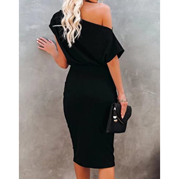 Dressmine Women's Summer Casual Off Shoulder Short Sleeve Bodycon Elegant Cocktail Party Pencil Midi Dress Black Small