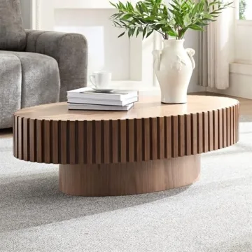 Elegant LKTART Oval Drum Coffee Table with Handcrafted Relief for Living Room