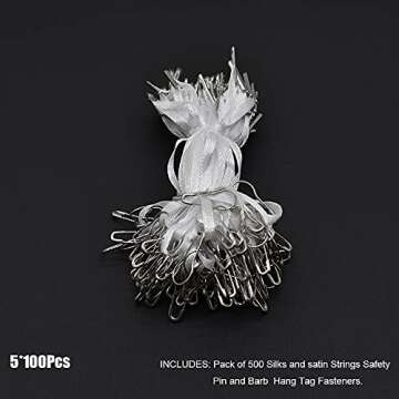 4.5" 500Pcs Hang Tag Fasteners Silks and Satin Strings Safety Pin and Barb Easy and Fast to Attach(White)