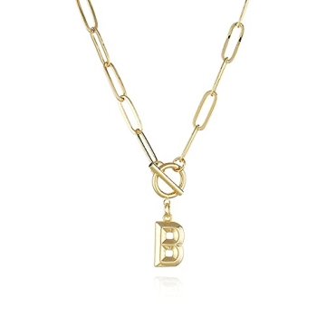 Stylish 22-Inch Gold Layered Paperclip Chain Necklace with Toggle Initial Pendant