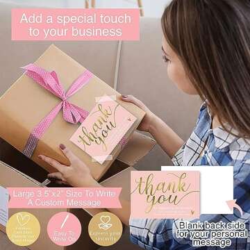 620Pcs Thank You Business Cards Stickers Set Gold Foil Include 100 Thank You Business Card 500 Thank You for Supporting My Small Business Stickers 20 Resealable Packaging Bags Suitable Owners (Pink)