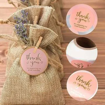 620Pcs Thank You Business Cards Stickers Set Gold Foil Include 100 Thank You Business Card 500 Thank You for Supporting My Small Business Stickers 20 Resealable Packaging Bags Suitable Owners (Pink)
