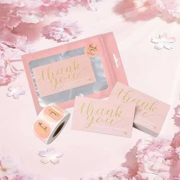 620Pcs Thank You Business Cards Stickers Set Gold Foil Include 100 Thank You Business Card 500 Thank You for Supporting My Small Business Stickers 20 Resealable Packaging Bags Suitable Owners (Pink)
