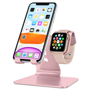 OMOTON Stand for Apple Watch - 2 in 1 Universal Desktop Stand Holder (Not Include Charger) for All iPhone 15 14 13 12 and Apple Watch Series 9/8/SE2/7/6/SE/5/4/3/2(Both 38/40/41/42/44/45mm) Rose Gold