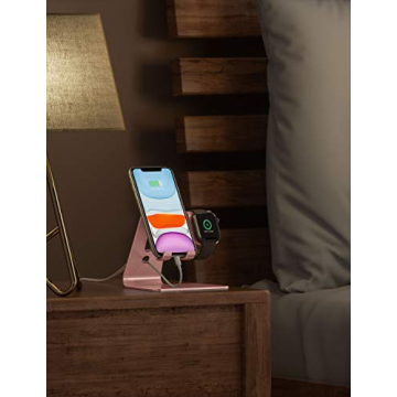 OMOTON Stand for Apple Watch - 2 in 1 Universal Desktop Stand Holder (Not Include Charger) for All iPhone 15 14 13 12 and Apple Watch Series 9/8/SE2/7/6/SE/5/4/3/2(Both 38/40/41/42/44/45mm) Rose Gold