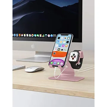 OMOTON Stand for Apple Watch - 2 in 1 Universal Desktop Stand Holder (Not Include Charger) for All iPhone 15 14 13 12 and Apple Watch Series 9/8/SE2/7/6/SE/5/4/3/2(Both 38/40/41/42/44/45mm) Rose Gold