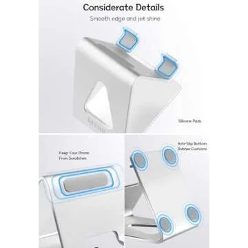 Aoviho Cell Phone Stand for Desk, Desktop Phone Holder, Aluminum Mobile Phone Stand for iPhone 15 14 13 12 pro Mini 11 X Xr Xs max 8 7 6 6s Plus Samsung Galaxy S21 Ultra All Smart Phones,Silver