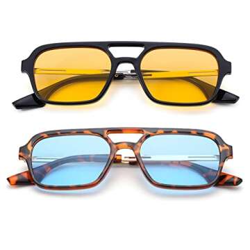 COASION Vintage 70s Flat Aviator Small Frame Sunglasses for Women Men Square Metal Design UV400 Protection Shades (Black Frame/Yellow Lens + Tortoise Frame/Blue Lens)