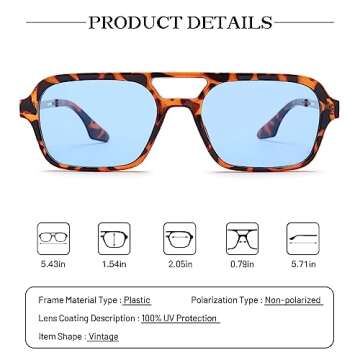 COASION Vintage 70s Flat Aviator Small Frame Sunglasses for Women Men Square Metal Design UV400 Protection Shades (Black Frame/Yellow Lens + Tortoise Frame/Blue Lens)