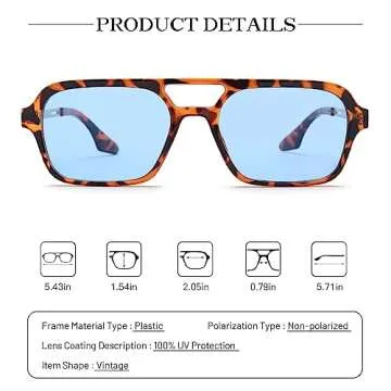 COASION Vintage 70s Flat Aviator Small Frame Sunglasses for Women Men Square Metal Design UV400 Protection Shades (Black Frame/Yellow Lens + Tortoise Frame/Blue Lens)