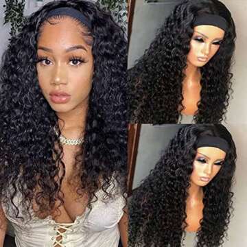 Beauty Forever Headband Human Hair Wig Water Wave Glueless Human Hair Wigs With Pre-attached Scarf Non Lace Front Wigs for women Natural Color 150% Density 26 Inch