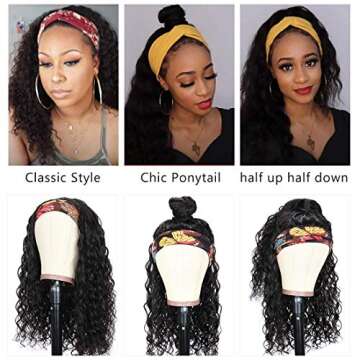 Beauty Forever Headband Human Hair Wig Water Wave Glueless Human Hair Wigs With Pre-attached Scarf Non Lace Front Wigs for women Natural Color 150% Density 26 Inch
