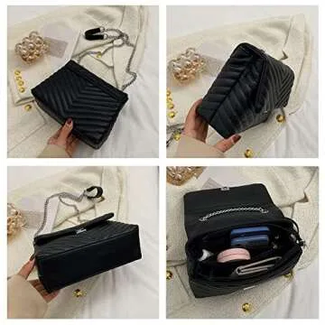 TXUNIAOZZ Women's Classic PU Leather Crossbody Purse Shoulder Bags Silver Chain Satchel Handbags(Black)