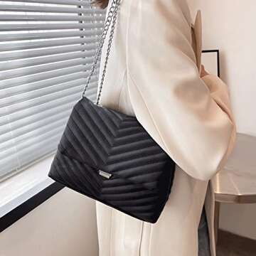 TXUNIAOZZ Women's Classic PU Leather Crossbody Purse Shoulder Bags Silver Chain Satchel Handbags(Black)