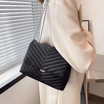 TXUNIAOZZ Women's Classic PU Leather Crossbody Purse Shoulder Bags Silver Chain Satchel Handbags(Black)