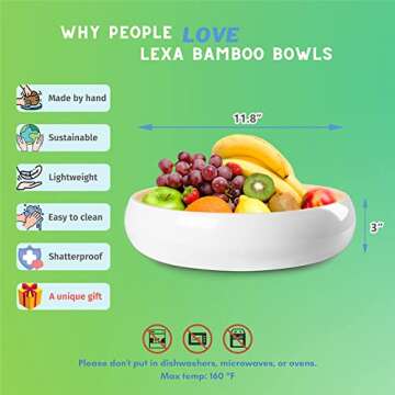 LEXA 12" Handmade White Bamboo Wooden Fruit Bowl for Kitchen Counter - 130Oz Lightweight Large Bamboo Wooden Bowls for Food, Wooden Salad Bowl, Wood Bowls for food - Wooden Serving Bowl for Snacks