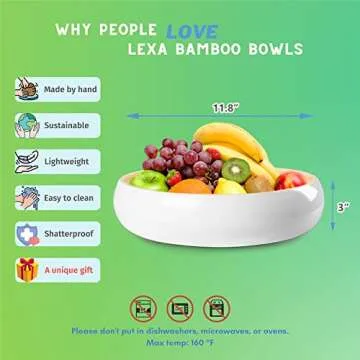 LEXA 12" Handmade White Bamboo Wooden Fruit Bowl for Kitchen Counter - 130Oz Lightweight Large Bamboo Wooden Bowls for Food, Wooden Salad Bowl, Wood Bowls for food - Wooden Serving Bowl for Snacks