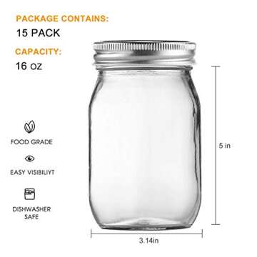 Accguan 16oz Glass Mason Jars with Regular Airtight Lids Ideal for Jam,Honey,Shower/Wedding Favors, ...