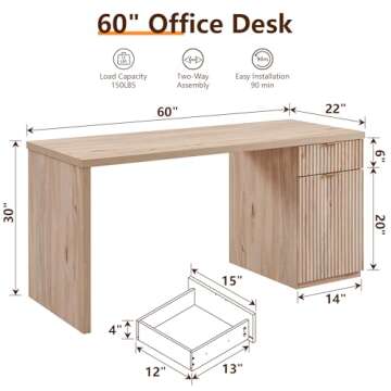 JXQTLINGMU 60" Modern Executive Desk with Storage, Wood Home Office Desk with Drawer & Cabinet, Flut...