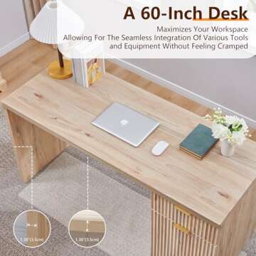 JXQTLINGMU 60" Modern Executive Desk with Storage, Wood Home Office Desk with Drawer & Cabinet, Fluted Computer Writing Desk for Study, Living Room, Bedroom, Natural Oak