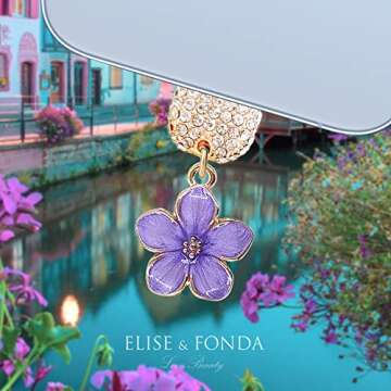 ELISE & FONDA CP544 USB Charging Port Crystal Anti Dust Plug Little Flower Bauhinia Phone Charm for iPhone 13/12/11/ XS MAX/XR/X/8 Plus/7/6S/8/SE iPad iPod (Purple)