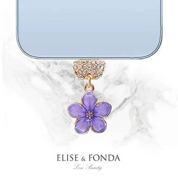 ELISE & FONDA CP544 USB Charging Port Crystal Anti Dust Plug Little Flower Bauhinia Phone Charm for iPhone 13/12/11/ XS MAX/XR/X/8 Plus/7/6S/8/SE iPad iPod (Purple)