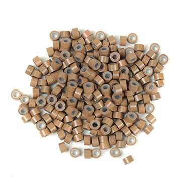 200Pcs Beads Silicone Aluminium Micro Nano Rings 5mm Lined For I Tip/Nano Hair Extensions Tool Beads (Light Brown-1 Bottle)