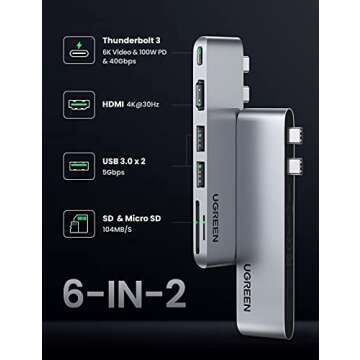 UGREEN USB C Hub Adapter for MacBook Pro MacBook Air M1 2020 2019 2018 with 4K HDMI Thunderbolt 3 100W Power Delivery SD TF Card Reader and 2 USB 3.0 Ports, Silver