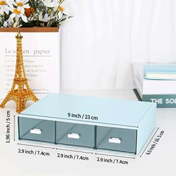 LETURE Stackable Desk Organizer, Plastic Storage Drawer for Office School Home Makeup, Pen Pencils Markers Stationery Supplies Organizers (Blue -3 Draws)