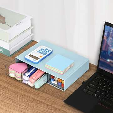 LETURE Stackable Desk Organizer, Plastic Storage Drawer for Office School Home Makeup, Pen Pencils Markers Stationery Supplies Organizers (Blue -3 Draws)