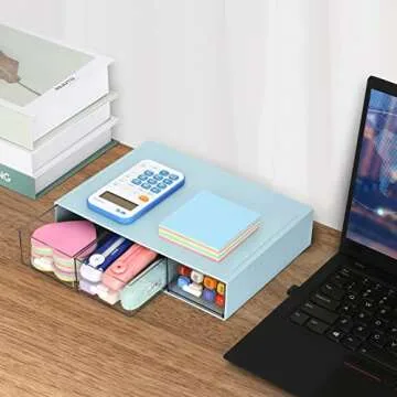 LETURE Stackable Desk Organizer, Plastic Storage Drawer for Office School Home Makeup, Pen Pencils Markers Stationery Supplies Organizers (Blue -3 Draws)