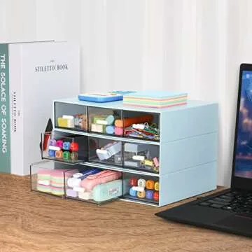 LETURE Stackable Desk Organizer, Plastic Storage Drawer for Office School Home Makeup, Pen Pencils Markers Stationery Supplies Organizers (Blue -3 Draws)