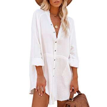 iGENJUN Beach Dresses for Women Long Sleeve Dress for Women Button Down Plus Size Summer Dress Vacation Outfits for Women,L,White