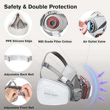 MODUSKYE Reusable Respirator, Reusable Half Facepiece Respirator with 6 Active Cotton Respirator Filters Against Painting, Dust, Sanding, Polishing, Spraying