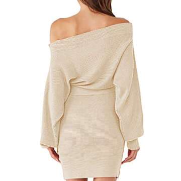 Meenew Women's One Shoulder Lantern Sleeve Tie Waist Sweater Dress M Apricot