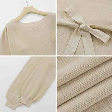 Meenew Women's One Shoulder Lantern Sleeve Tie Waist Sweater Dress M Apricot