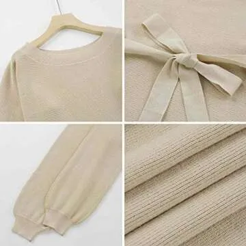 Meenew Women's One Shoulder Lantern Sleeve Tie Waist Sweater Dress M Apricot