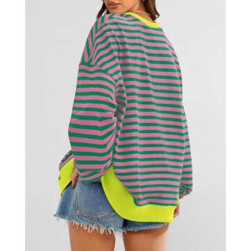 BTFBM Womens Striped Pullover Tops Fall Clothes 2025 Long Sleeve Shirts Trendy Soft Crew Neck Loose Y2K Sweatshirts(Pink Green, X-Large)