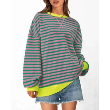 BTFBM Womens Striped Pullover Tops Fall Clothes 2025 Long Sleeve Shirts Trendy Soft Crew Neck Loose Y2K Sweatshirts(Pink Green, X-Large)