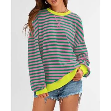 BTFBM Womens Striped Pullover Tops Fall Clothes 2025 Long Sleeve Shirts Trendy Soft Crew Neck Loose Y2K Sweatshirts(Pink Green, X-Large)