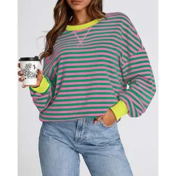 BTFBM Womens Striped Pullover Tops Fall Clothes 2025 Long Sleeve Shirts Trendy Soft Crew Neck Loose Y2K Sweatshirts(Pink Green, X-Large)