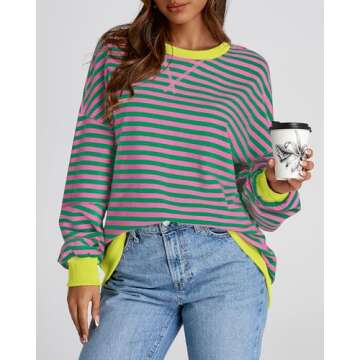 BTFBM Womens Striped Pullover Tops Fall Clothes 2025 Long Sleeve Shirts Trendy Soft Crew Neck Loose Y2K Sweatshirts(Pink Green, X-Large)