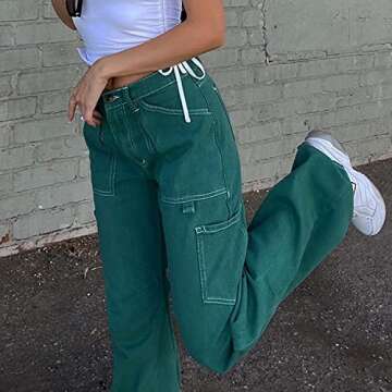 Women's High Waist Baggy Cargo Jeans Flap Pocket Relaxed Fit Straight Wide Leg Y2K Fashion Loose Jeans Green