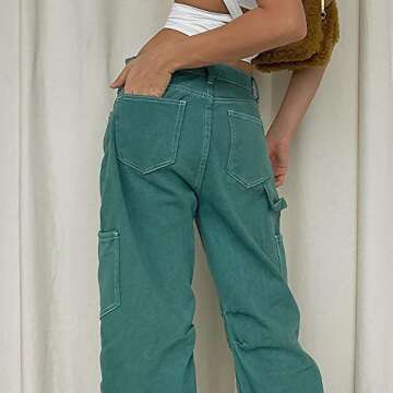 Women's High Waist Baggy Cargo Jeans Flap Pocket Relaxed Fit Straight Wide Leg Y2K Fashion Loose Jeans Green
