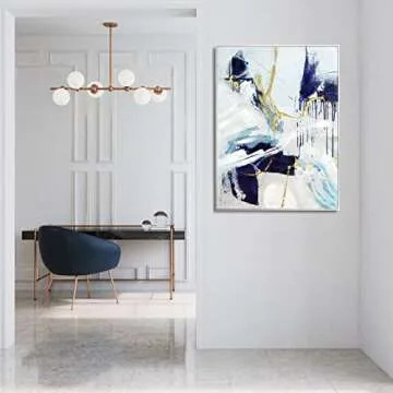 Framed Abstract Wall Art with Gold-foil - Navy Blue Graffiti on Light Background Canvas Artwork Decor with Hand Texture for Living room, Bedroom, office，Ready to hang